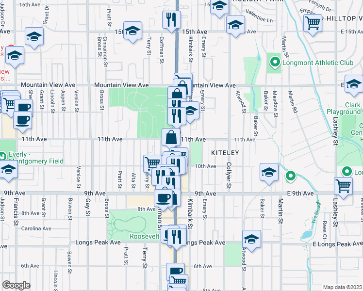map of restaurants, bars, coffee shops, grocery stores, and more near 1035 Main Street in Longmont