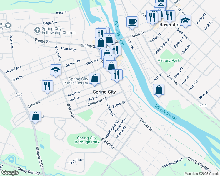 map of restaurants, bars, coffee shops, grocery stores, and more near 146 Hall Street in Spring City