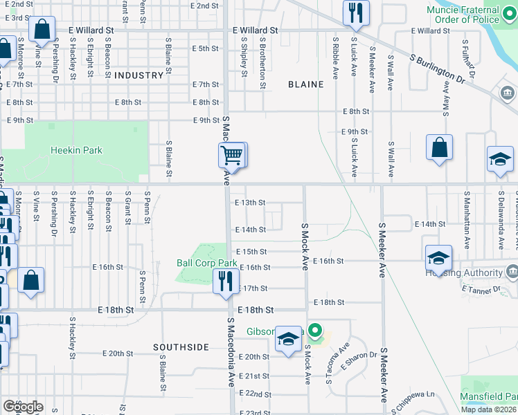 map of restaurants, bars, coffee shops, grocery stores, and more near 1906 East 13th Street in Muncie
