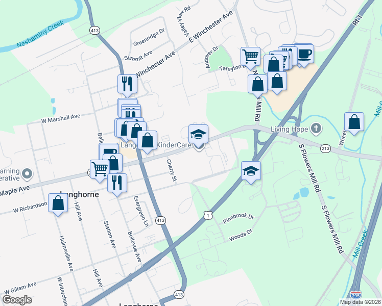 map of restaurants, bars, coffee shops, grocery stores, and more near 370 East Maple Avenue in Langhorne