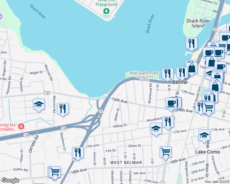 map of restaurants, bars, coffee shops, grocery stores, and more near 1719 River Road in Belmar