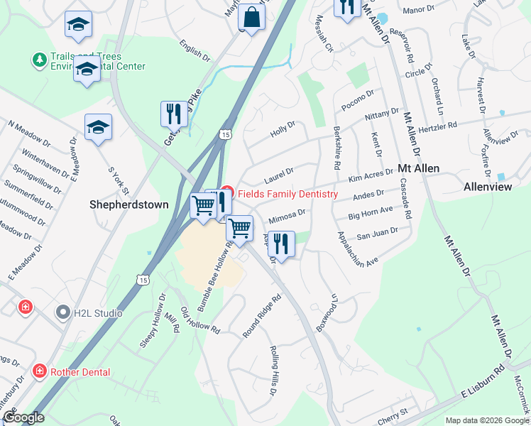 map of restaurants, bars, coffee shops, grocery stores, and more near 117 Kim Acres Drive in Mechanicsburg