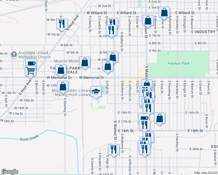 map of restaurants, bars, coffee shops, grocery stores, and more near 1921 South High Street in Muncie