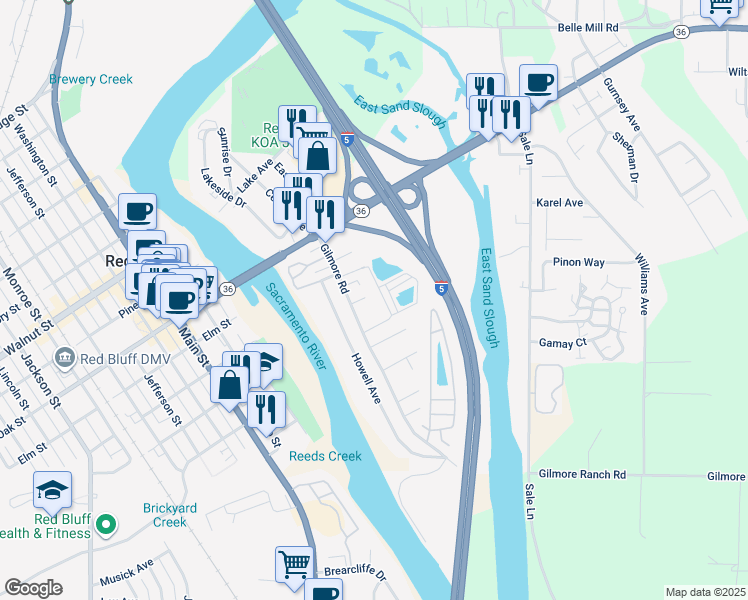 map of restaurants, bars, coffee shops, grocery stores, and more near 50 Sandy Way in Red Bluff