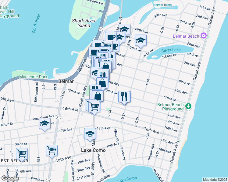 map of restaurants, bars, coffee shops, grocery stores, and more near 606 12th Avenue in Belmar
