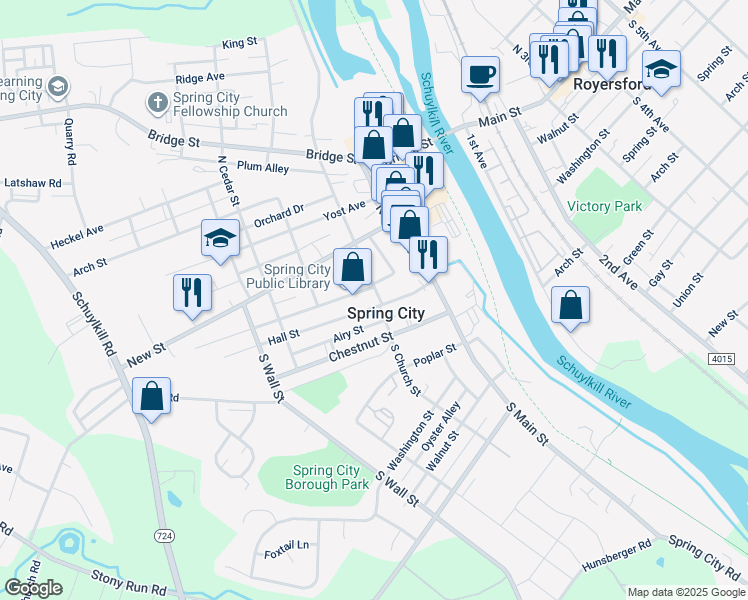 map of restaurants, bars, coffee shops, grocery stores, and more near 10 North Church Street in Spring City