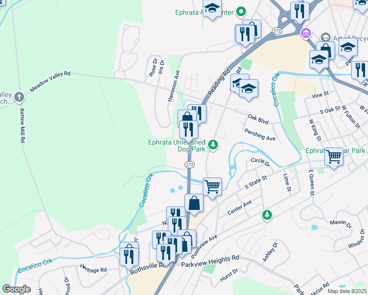 map of restaurants, bars, coffee shops, grocery stores, and more near 325 S Reading Rd in Ephrata
