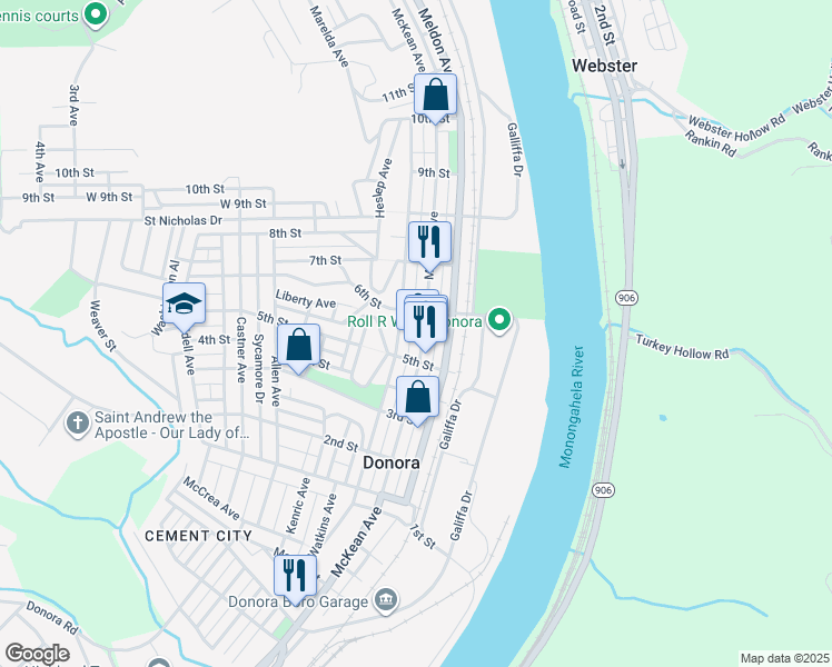 map of restaurants, bars, coffee shops, grocery stores, and more near 572 Thompson Avenue in Donora