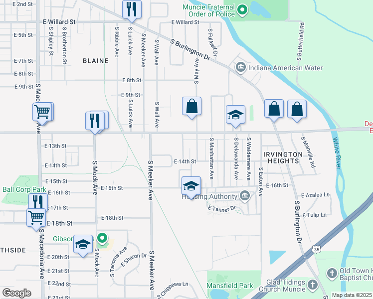 map of restaurants, bars, coffee shops, grocery stores, and more near 1915 South May Avenue in Muncie