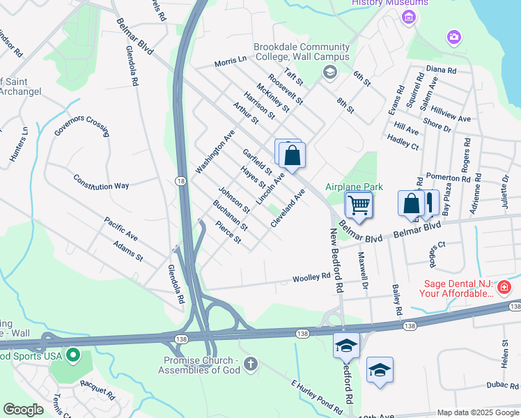 map of restaurants, bars, coffee shops, grocery stores, and more near 2713 Grant Street in Wall Township