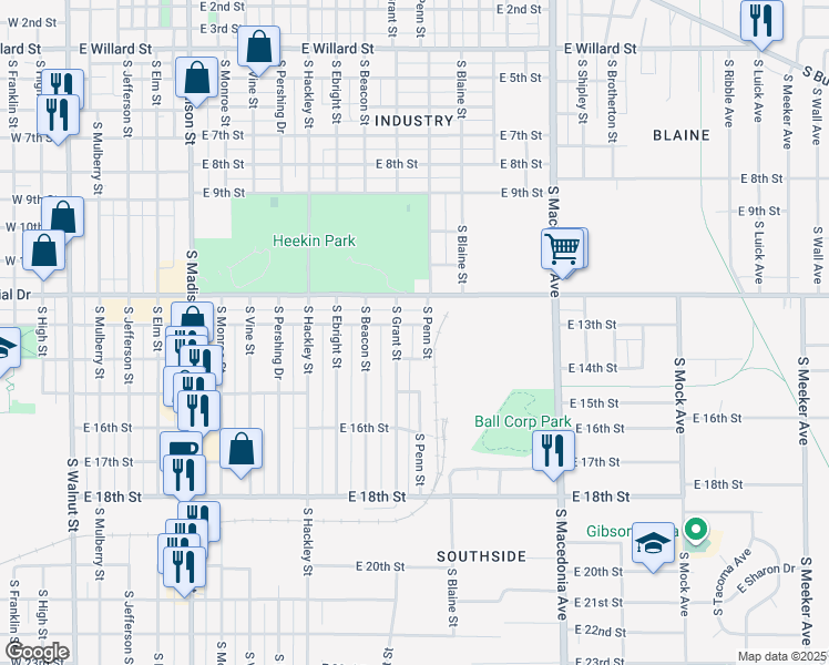 map of restaurants, bars, coffee shops, grocery stores, and more near 1218 East 13th Street in Muncie