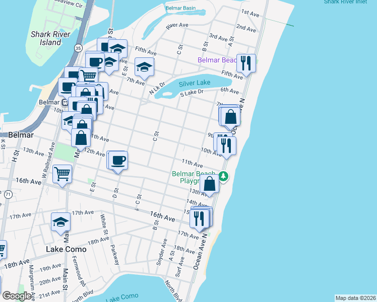 map of restaurants, bars, coffee shops, grocery stores, and more near 217 10th Avenue in Belmar