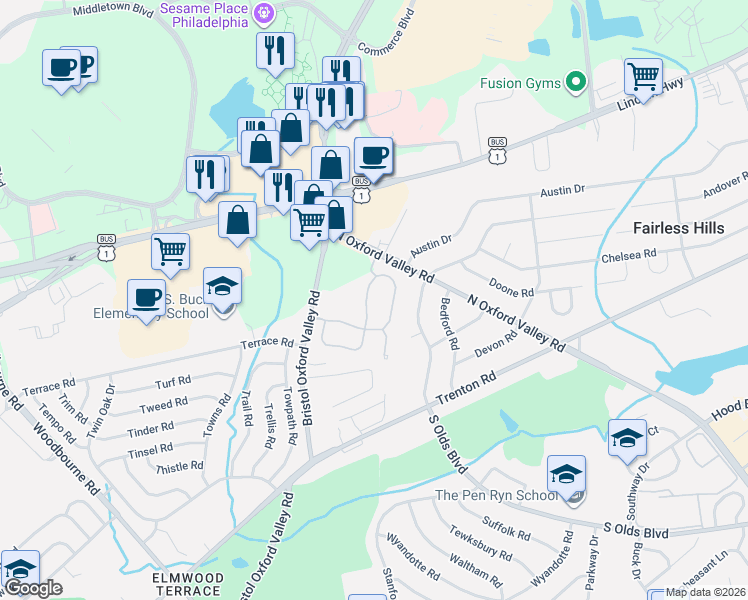 map of restaurants, bars, coffee shops, grocery stores, and more near 139 Liberty Drive in Langhorne