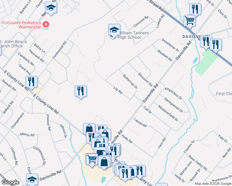 map of restaurants, bars, coffee shops, grocery stores, and more near 747 Lily Road in Warminster