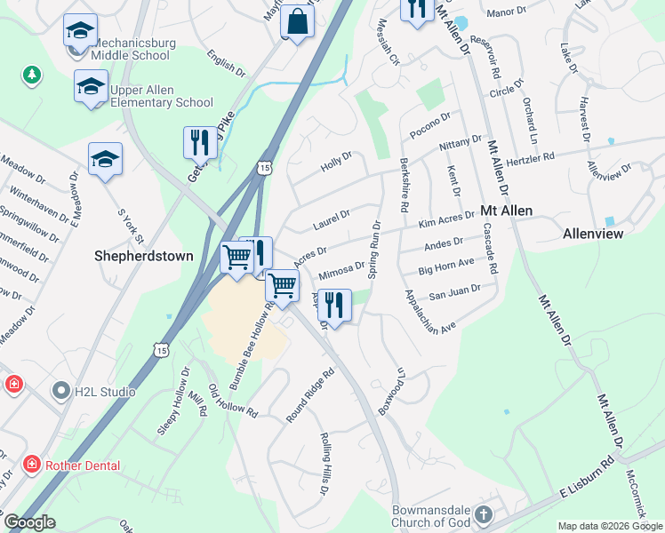 map of restaurants, bars, coffee shops, grocery stores, and more near 117 Kim Acres Drive in Mechanicsburg