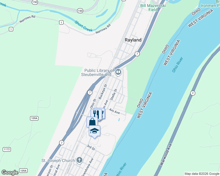 map of restaurants, bars, coffee shops, grocery stores, and more near 608 Walden Avenue in Tiltonsville