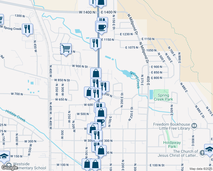 map of restaurants, bars, coffee shops, grocery stores, and more near 103 East 700 North in Springville