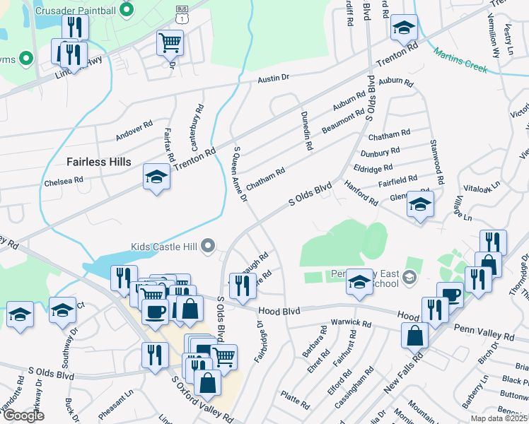 map of restaurants, bars, coffee shops, grocery stores, and more near 128 South Queen Anne Drive in Fairless Hills