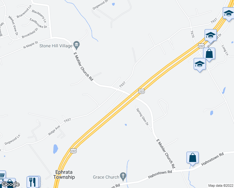 map of restaurants, bars, coffee shops, grocery stores, and more near 469 Ridge Avenue in Ephrata