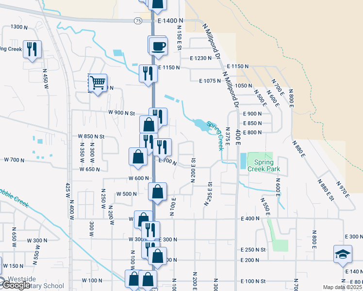map of restaurants, bars, coffee shops, grocery stores, and more near 790 N 150 E in Springville