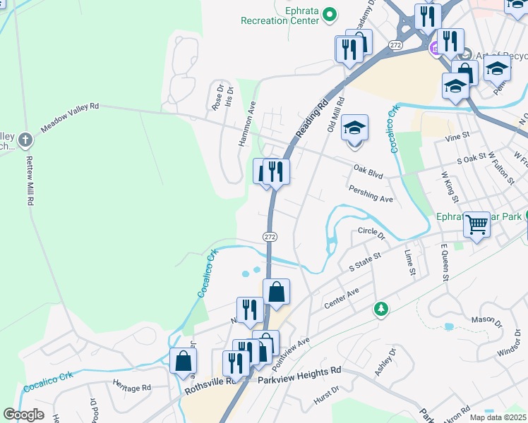 map of restaurants, bars, coffee shops, grocery stores, and more near 325 S Reading Rd in Ephrata
