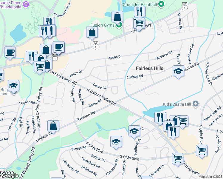 map of restaurants, bars, coffee shops, grocery stores, and more near 304 Doone Place in Fairless Hills