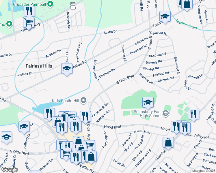map of restaurants, bars, coffee shops, grocery stores, and more near 613 South Olds Boulevard in Fairless Hills