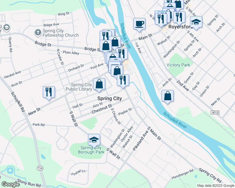 map of restaurants, bars, coffee shops, grocery stores, and more near 2 South Main Street in Spring City
