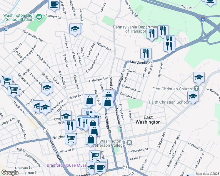 map of restaurants, bars, coffee shops, grocery stores, and more near 261 Locust Avenue in Washington