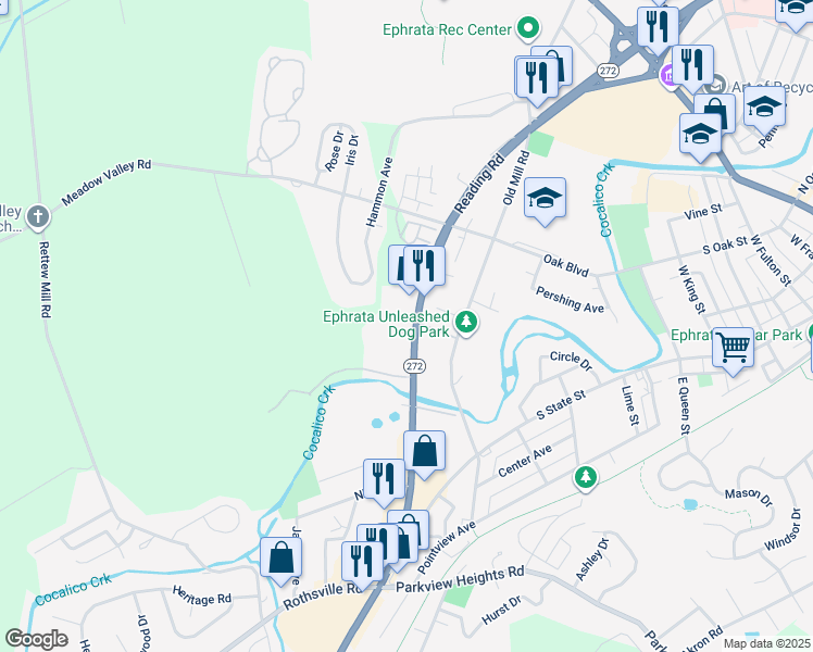 map of restaurants, bars, coffee shops, grocery stores, and more near 325 South Reading Road in Ephrata