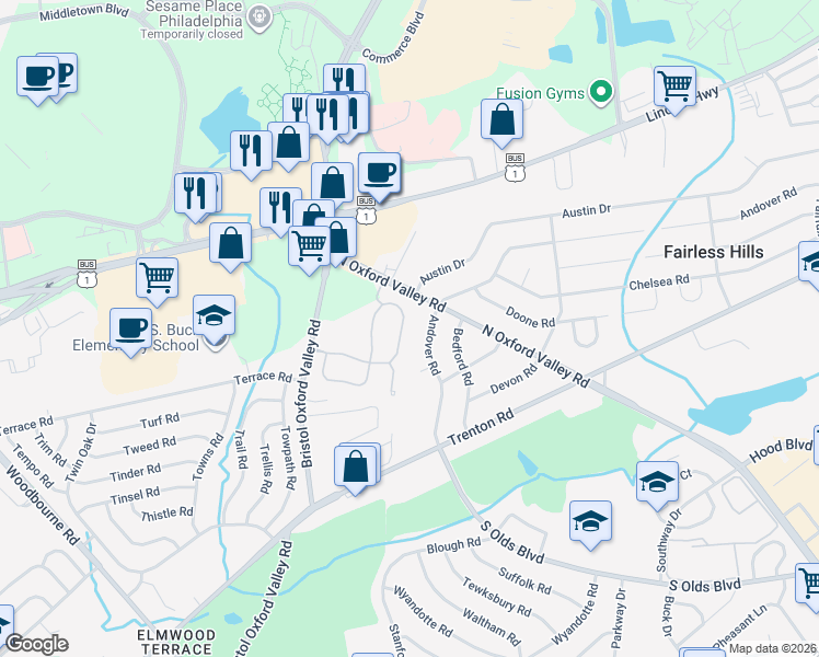 map of restaurants, bars, coffee shops, grocery stores, and more near 80 Liberty Drive in Langhorne