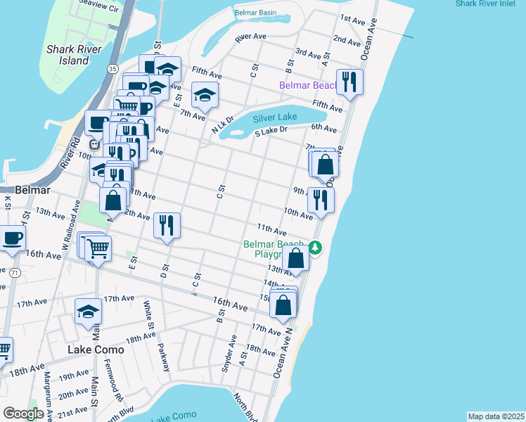 map of restaurants, bars, coffee shops, grocery stores, and more near 217 10th Avenue in Belmar