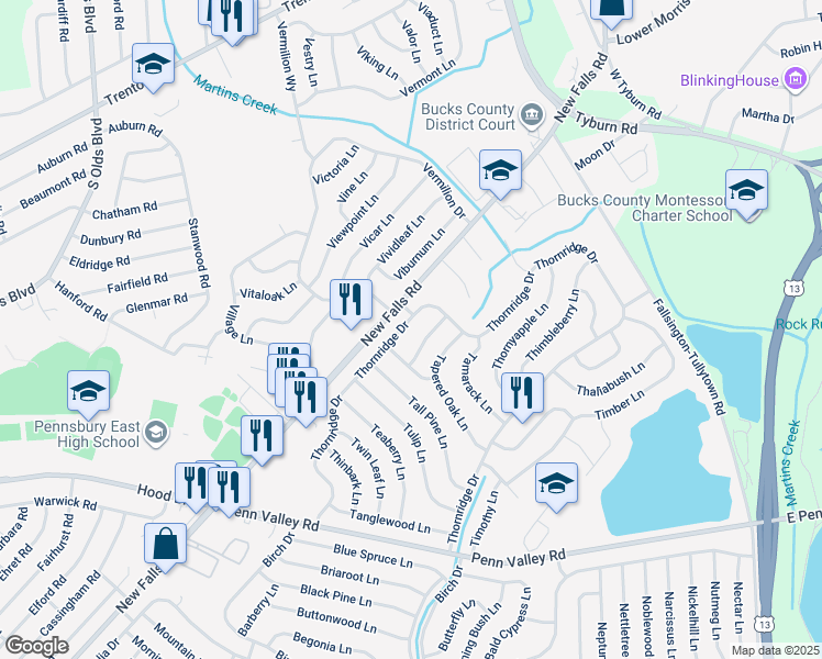 map of restaurants, bars, coffee shops, grocery stores, and more near 333 Thornridge Drive in Levittown