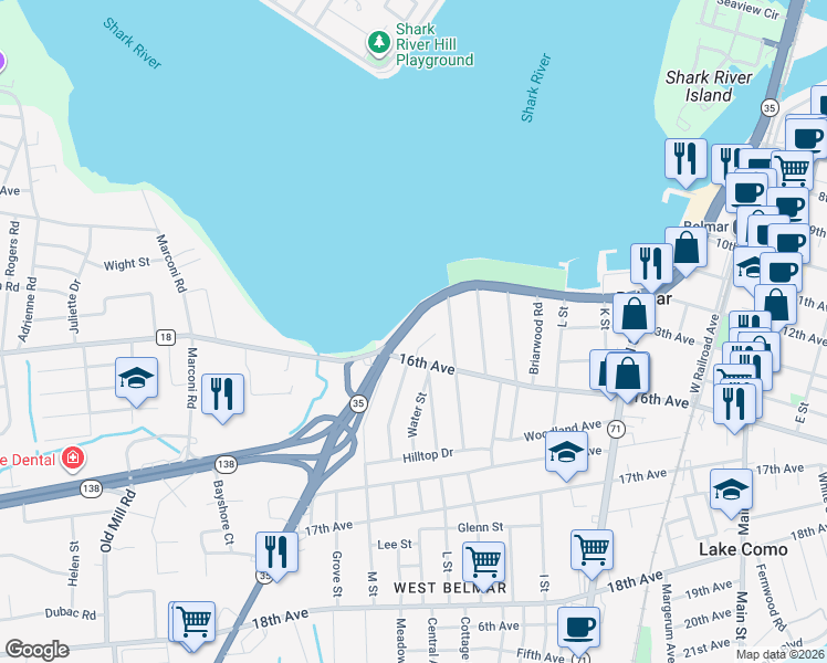 map of restaurants, bars, coffee shops, grocery stores, and more near 1715 River Road in Belmar