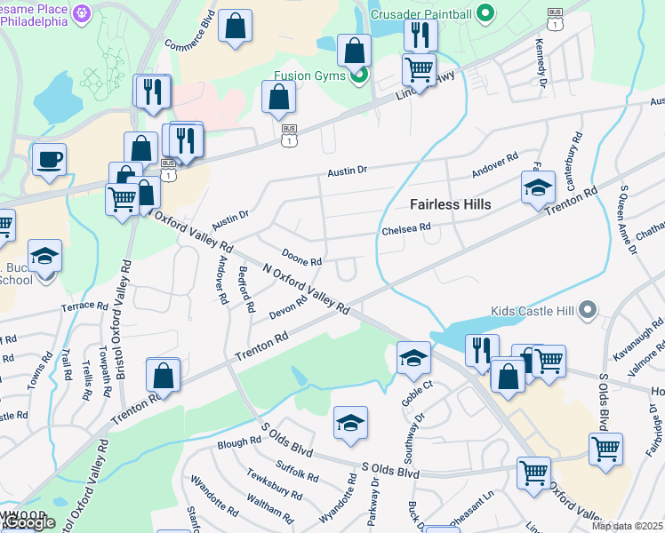 map of restaurants, bars, coffee shops, grocery stores, and more near 304 Doone Place in Fairless Hills