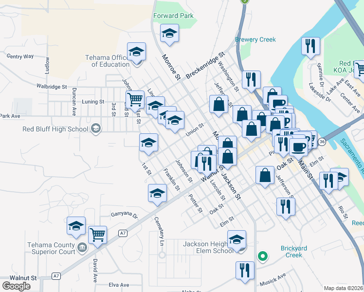 map of restaurants, bars, coffee shops, grocery stores, and more near 1035 Lincoln Street in Red Bluff