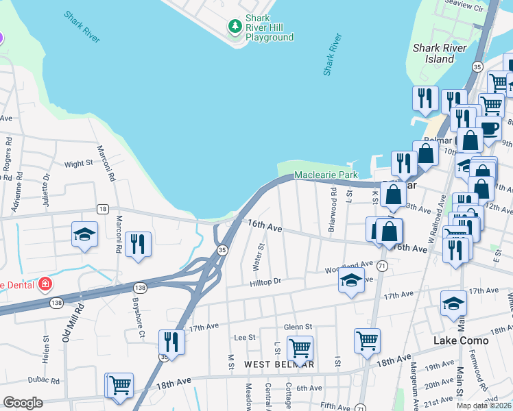map of restaurants, bars, coffee shops, grocery stores, and more near 1715 River Road in Belmar
