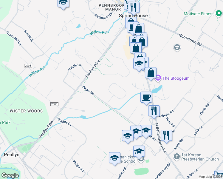 map of restaurants, bars, coffee shops, grocery stores, and more near 715 Meadowcreek Circle in Spring House