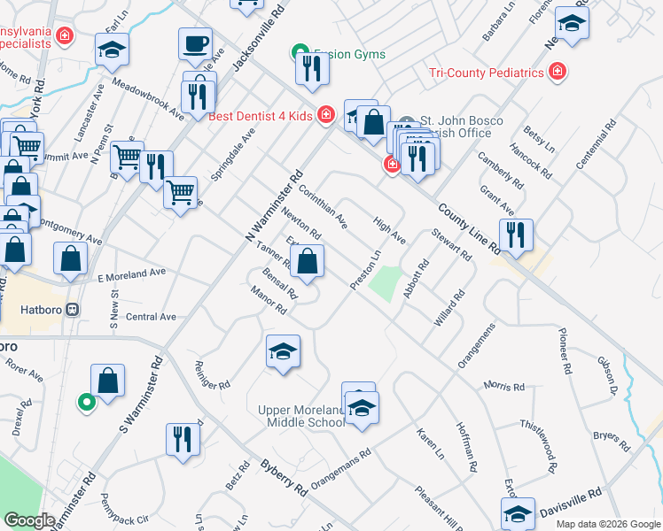 map of restaurants, bars, coffee shops, grocery stores, and more near 423 Exton Road in Hatboro