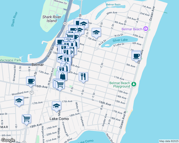 map of restaurants, bars, coffee shops, grocery stores, and more near 419 11th Avenue in Belmar