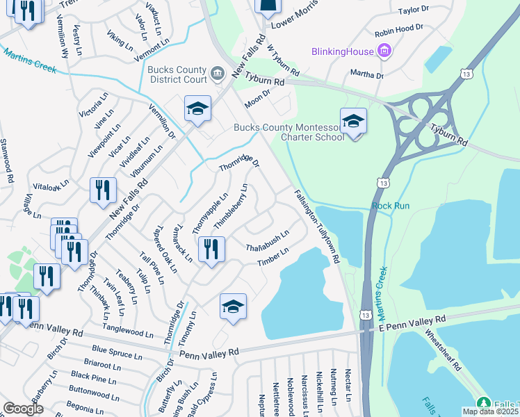 map of restaurants, bars, coffee shops, grocery stores, and more near 2 Turn Hill Lane in Levittown