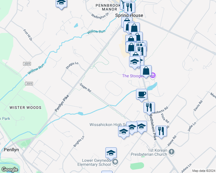 map of restaurants, bars, coffee shops, grocery stores, and more near 715 Meadowcreek Circle in Spring House