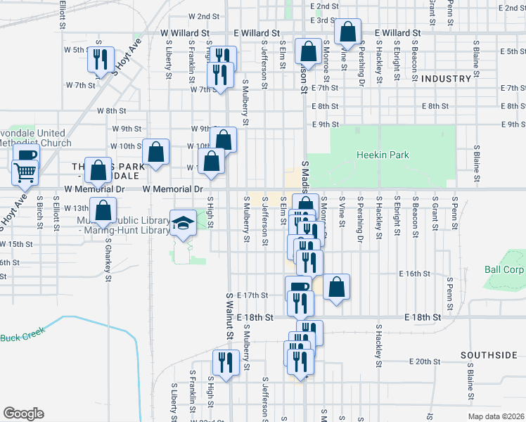 map of restaurants, bars, coffee shops, grocery stores, and more near 2001 South Jefferson Street in Muncie