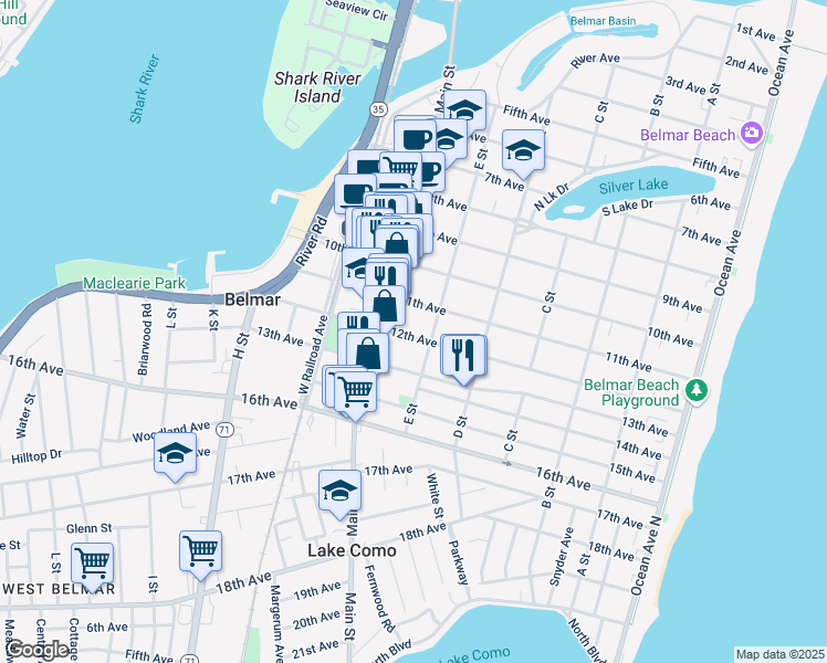 map of restaurants, bars, coffee shops, grocery stores, and more near 606 12th Avenue in Belmar