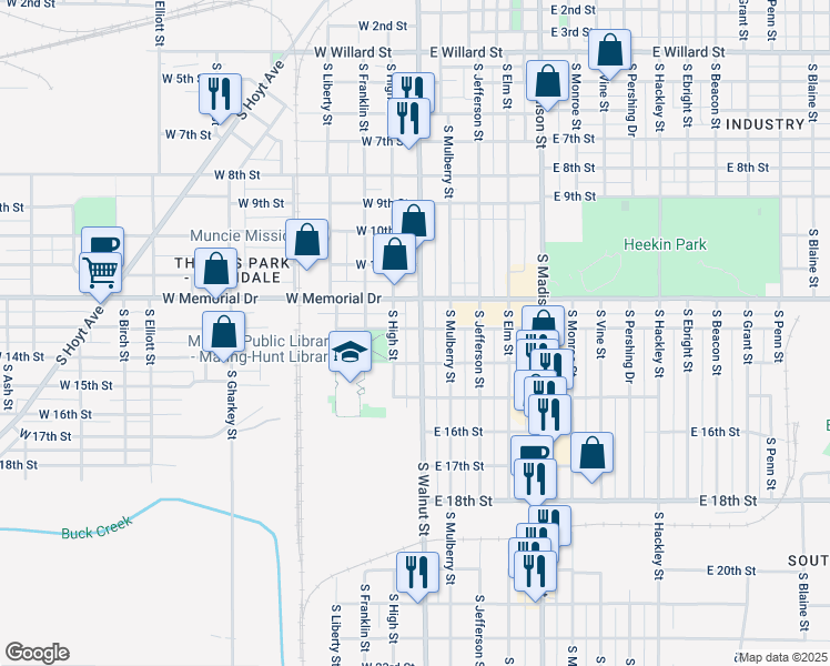 map of restaurants, bars, coffee shops, grocery stores, and more near 1924 South Walnut Street in Muncie
