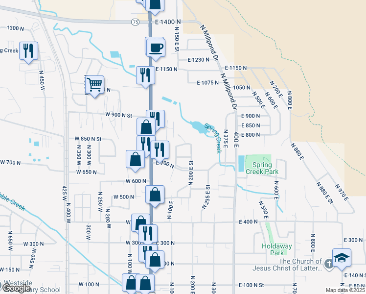 map of restaurants, bars, coffee shops, grocery stores, and more near 178 East 800 North in Springville