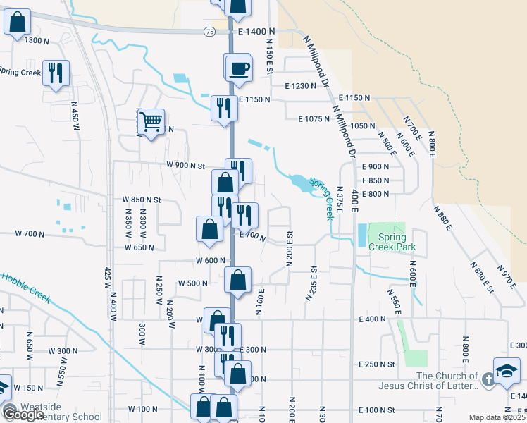 map of restaurants, bars, coffee shops, grocery stores, and more near 14 103 East in Springville