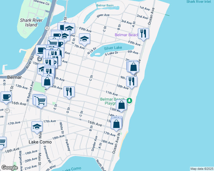 map of restaurants, bars, coffee shops, grocery stores, and more near 217 10th Avenue in Belmar