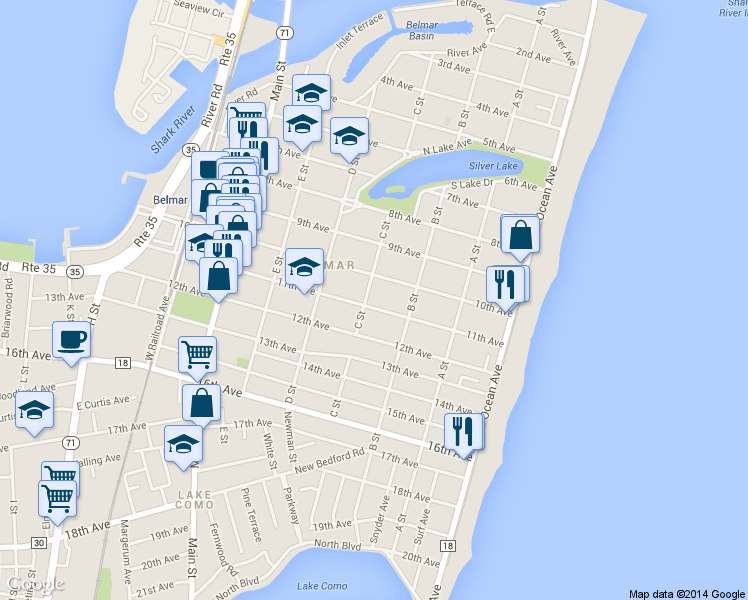 map of restaurants, bars, coffee shops, grocery stores, and more near 311 10th Avenue in Belmar