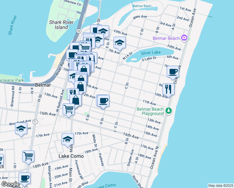 map of restaurants, bars, coffee shops, grocery stores, and more near 402 11th Avenue in Belmar